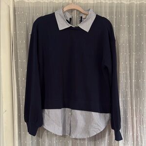 Navy Blue Women's Sweater with Striped Collar